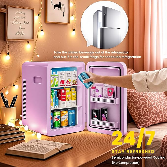 22L/30Cans Mini Fridge for Bedroom, 12v DC Portable Cooler & Warmer, Mini Refrigerator with Glass Front, for Car Office Desk & Dorm Food Beverage Skincare Makeup (Purple)