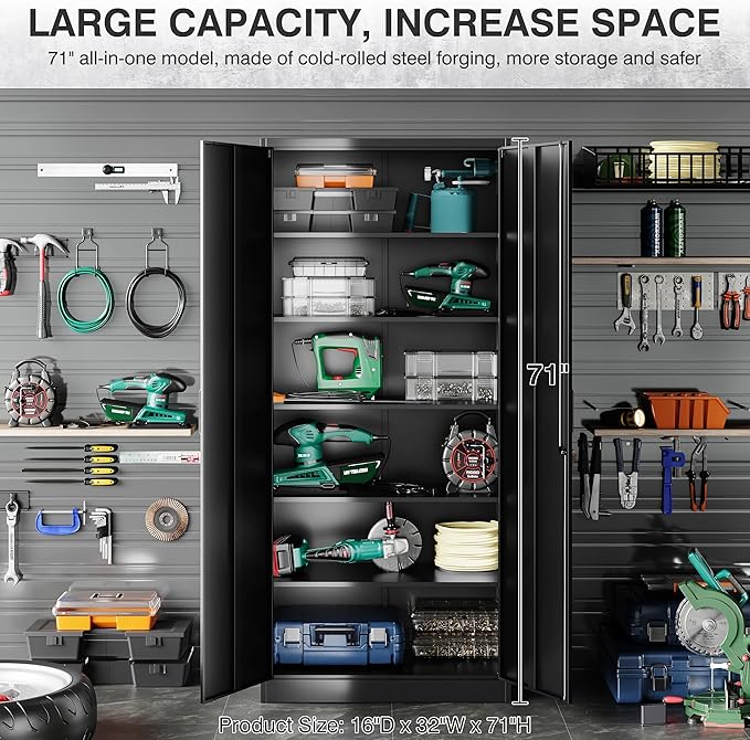 Metal Storage Cabinet with 2 Doors and 6 Shelves,Black Metal Cabinet with Lock,71" Lockable Garage Storage Cabinets,Locking File Cabinet,Steel Tool Cabinets for Home,Office,Garage,Shop,School