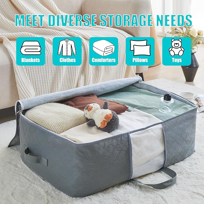 105L Extra Large Storage Bags for Blankets, King Comforters, Bedding, Clothes, Pillows, Sheets - Closet Organizers and Storage with 4 Handles & Clear Window, Foldable & Breathable (Grey, 6pack)