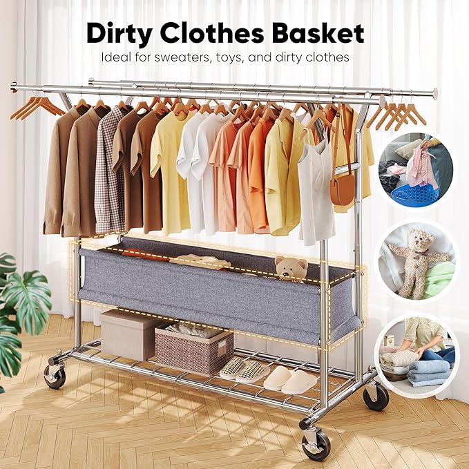 HOKEEPER Clothing Rack Heavy Duty Clothes Rack for Hanging Clothes Load 625LBS Extendable Double Rod Clothes Rack, Adjustable Rolling Garment Rack with Wheels, Basket & Shelves 71.2''W*23.6''D*68.5''H