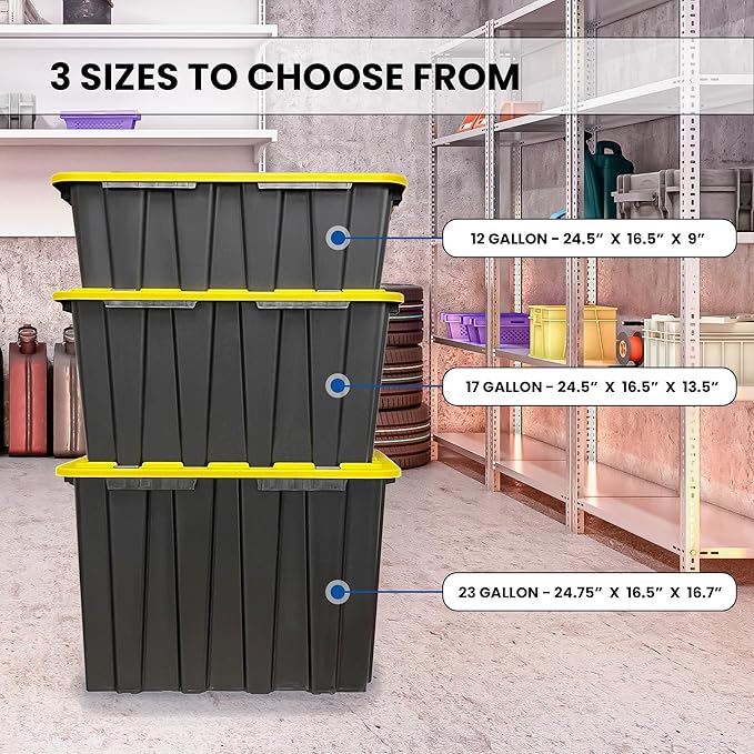 Lifetime Home 8 PACK of Medium 12 Gallon Plastic Storage Bin Tote Organizing Container with Ultra Durable Secure Latching Lids, Stackable, Extra Strength Clear with Built in Handle - Black and Yellow