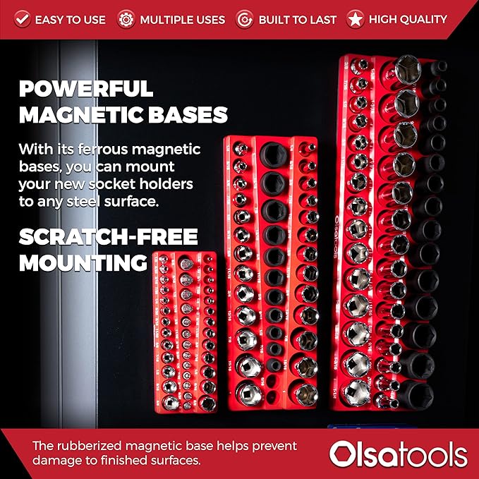 Olsa Tools Magnetic Socket Organizer | 6pc Socket Holder Kit | 1/2-Inch, 3/8-Inch, & 1/4-Inch Drive | Socket Organizers For Toolboxes | Blue | Holds 273 | Professional-Grade Tool Organizer | Part 1669