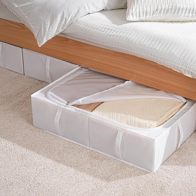 TYEERS Under Bed Storage Containers, Durable Fabric, Washable, Collapsible, Under Bed Storage Bins for Clothes, Blankets, Sheets, Shoes, 27.5x16.5x7 Inches, 4-Pack, White