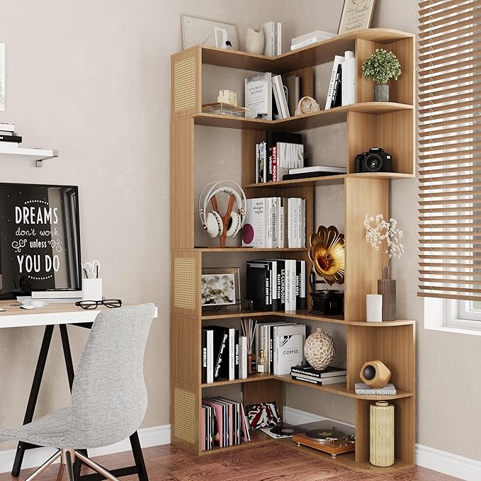 Corner Shelf,7-Tier Corner Bookshelf,Farmhouse L Shaped Shelves Etagere Bookcase, Large L Shaped Bookshelf with Vine Woven Open Storage Cabinet for Home Office (Large,Log Color)