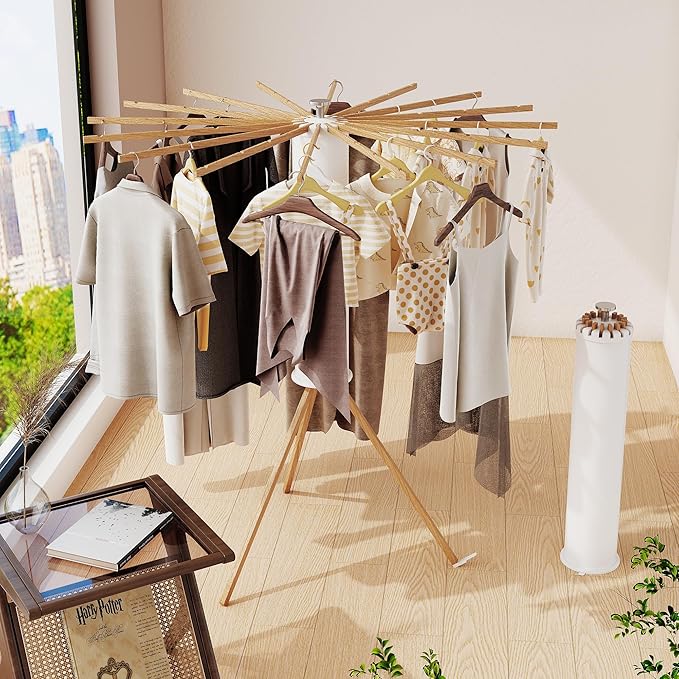 Clothes Drying Rack Foldable,Laundry Drying Rack,Drying Rack Clothing(16 Wood Poles),Clothes Hanger Rack,Laundry Rack Folding,Collapsible,Retractable