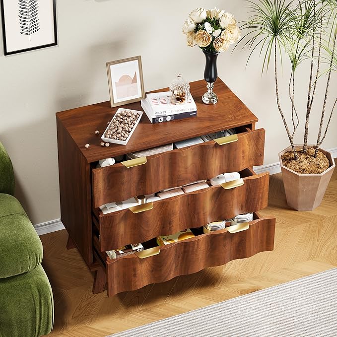 3 Drawer Dresser, Fluted Chest of Drawers with Handles for Closet, Large Nightstand with 3 Drawers Accent Cabinet for Bedroom, Living Room, Hallway (Walnut)