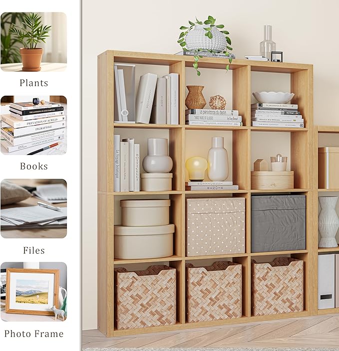 Cube Storage Organizer Bookcase, Decorative 11 inch Open Back Cubical Shelf with Thickened Border, Display Bookshelf for Living Room, Home Office, Sturdy Room (Natural Oak, 12 Cube)
