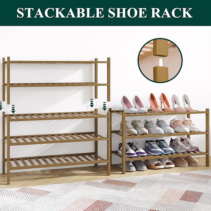 Smiry Bamboo Shoe Rack for Closet, 4 Tier Wooden Stackable Shoe Organizer, Free Standing Shoes Storage Shelf for Entryway, Front Door Entrance, Walnut