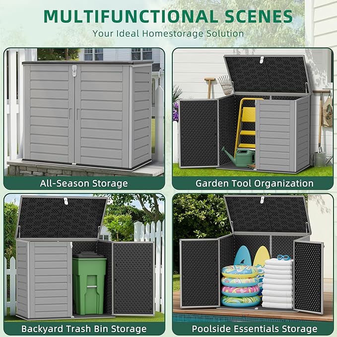 Horizontal Outdoor Storage Shed, 304 Gallon Resin Storage Shed with Lockable Doors & Lift Lid, Waterproof Backyard Shed for Trash Cans, Tools & Patio Equipment (Upgraded Version)
