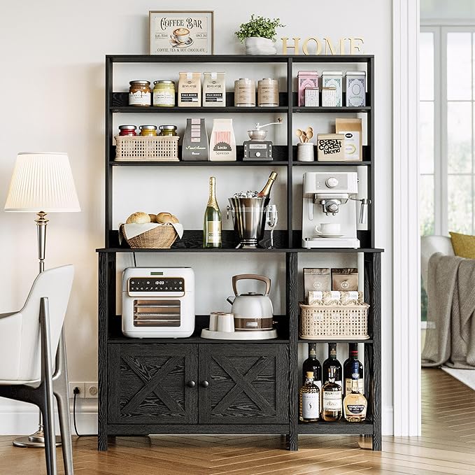 IRONCK Bakers Rack with Power Outlet, 45in Wide Coffee Bar Cabinet with Storage, 6-Tier Kitchen Storage with Doors, Microwave Stand for Kitchen, Dining Room