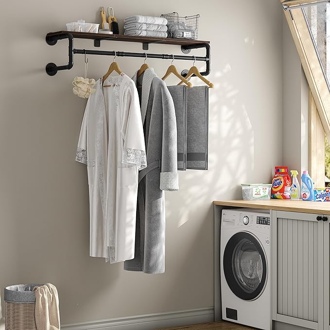 Industrial Pipe Clothes Rack with Top Shelf and 3 Hooks, 41''L Wall Mounted Garment Rack, Heavy Duty Iron Garment Bar, Clothes Hanging Rod Bar, 4 Base Max Load 135Lb Black