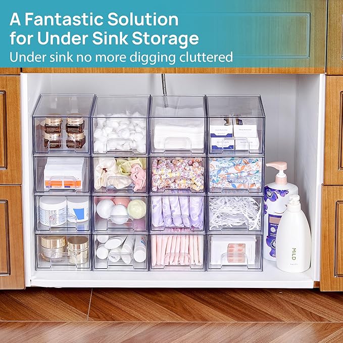 Vtopmart 12 Pack Small Clear Stackable Storage Drawers,Acrylic Bathroom Makeup Organizer,Plastic Storage Bins For Vanity, Undersink, Kitchen Cabinets, Pantry, Home Organization