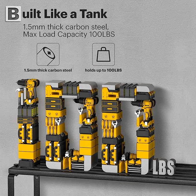 Power Tool Organizer Wall Mount with Charging Station, 4 Drill Holders and 4 Layers Garage Organization, Tool Battery Holder with 4 Outlet Power Strip, Tool Storage for Workshop Pegboard, Shed