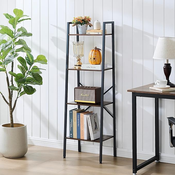 Hoctieon 4-Tier Industrial Ladder Bookshelf, Narrow Ladder Shelf, Tall Standing Bookshelf, Skinny Open Ladder Shelf, for Living Room, Home Office, Kitchen, Bedroom, Metal Frame, Rustic Brown