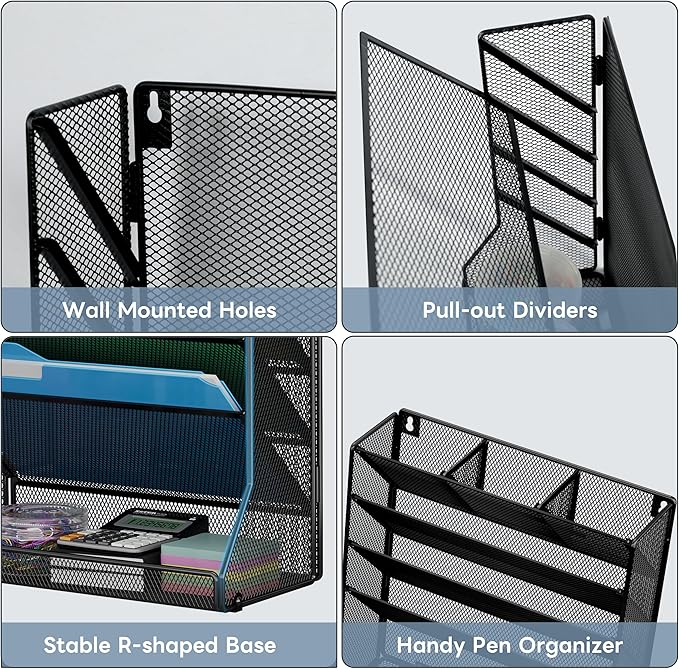 File Organizer Wall Mounted 5 Tiers, Durable Adjustable Metal Vertical Hanging, Stable R-Shaped Bottom 4 Pull-Out Deviders to Sort File,Mail,Newspaper,Pen, Suitable for Office,Black
