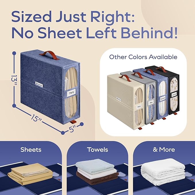 4x Bed Sheet Organizer Storage Boxes with Big See-Through Windows - Bedsheet Organizers Redesigned. Robust Bed Sheet Storage -15x13x5 Inches Sheet Organizers Containers (Denim)