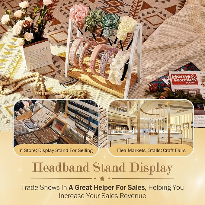 Headband Holder Organizer Metal 2-Tier Display Stand for Selling, Home Bedroom Headband Storage for Girls Women, Headband Stand Wood Base Can Store Hair Ties, White