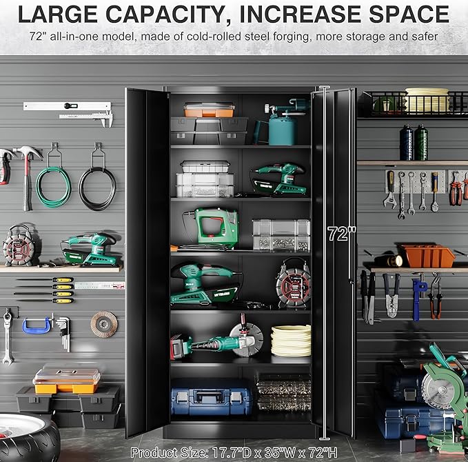 SISESOL Wide & Deep Metal Storage Cabinet with 2 Doors and 6 Shelves,72x36x18 Garage Storage Cabinet,Tall Black Locking Metal Cabinets with Lock,Steel Locked Cabinets for Home,Office,Garage,School