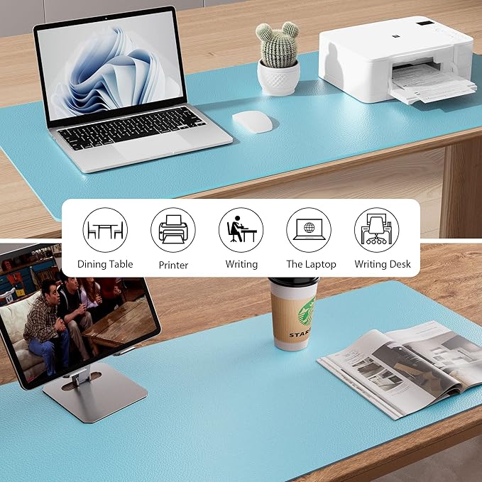 Aothia Large PU Leather Desk Pad Protector – Non-Slip Mouse Pad & Writing Mat for Office/Home, Waterproof, Easy to Clean (48" x 17", Blue Topaz)