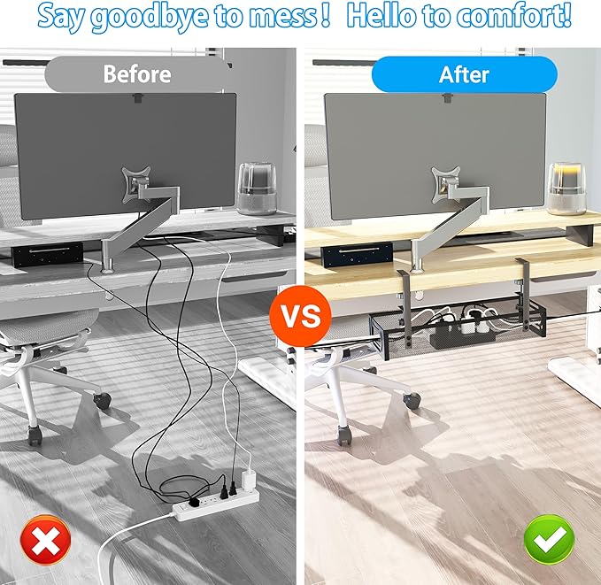 No Drill Under Desk Cable Management Tray, SONATURE 15.7" Cord Organizer for Table, Clamp Mount Desk Cable Management, Premium Carbon Steel Cable Organizer for Office, Home (Black)