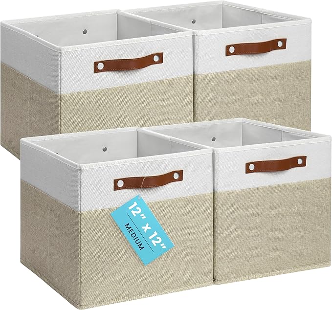OrganiHaus 12" x 12" x 12" Fabric Storage Bins - Set of 4, Cube Canvas Organizer Bins with Vegan Handles, Kallax Storage Cubes, 12 Inch Cubic Baskets for Shelves - Beige/White