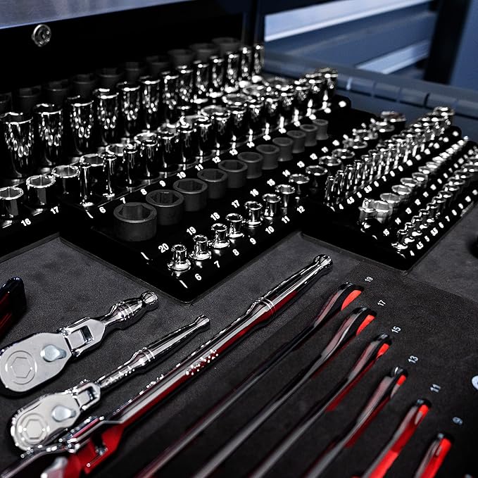 Olsa Tools Magnetic Socket Organizer (1/2-Inch Drive, 3 Row) - Magnetic Tool Organizer & Socket Holder - Tool Box Socket Organizers - Metric Black - Holds 54 Sockets - Professional Grade - Part: 1552