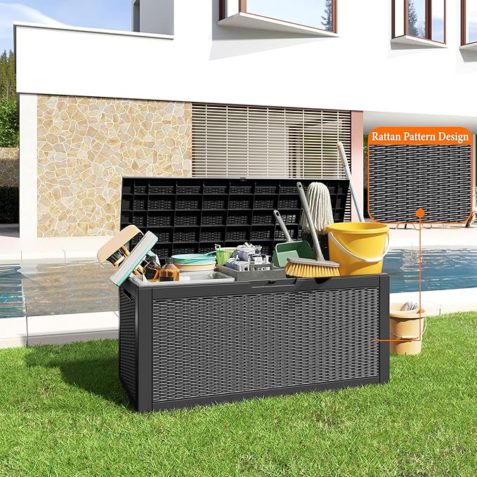 120 Gallon Resin Deck Box, Lockable Patio Outdoor Storage Box for Furniture, Garden Tools and Tools Storage, Waterproof Outside Storage Boxes - Black