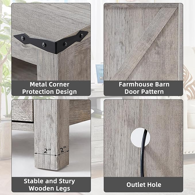 Nightstand with Charging Station and USB Port, Farmhouse Night Stand with 2 Drawers and Shelf Storage, Wooden Side End Table, Bedside Cabinet for Bedroom, Living Room, Closet,Office (Grey)