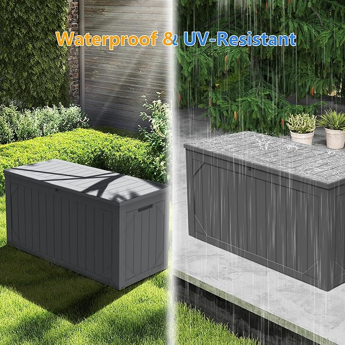 100 Gallon Outdoor Storage Box Waterproof,Resin Deck Box Storage Bin for Cushion Patio Furniture, Pool Accessories, and Garden Tools, Lockable & UV-Resistant, Grey
