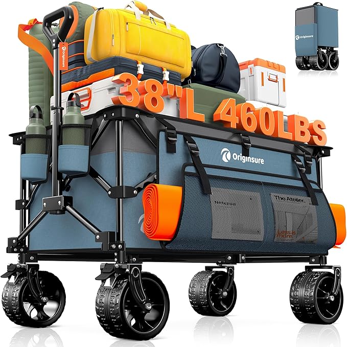220L Collapsible Wagon Cart Foldable, 460lbs Load Capacity Heavy Duty Folding Beach Wagons with Big All-Terrain Wheels, Utility Carts for Groceries, Shopping, Camping, Sports - Grey&Blue