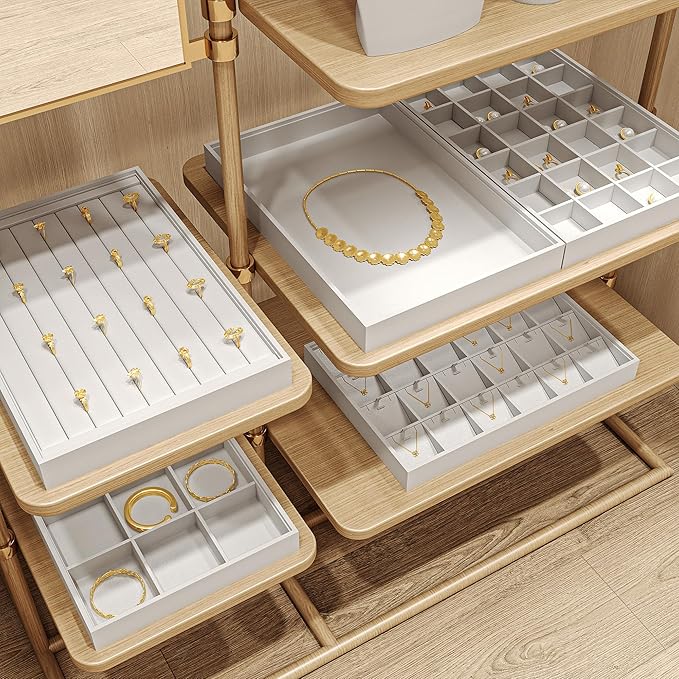 Oirlv Premium White Leather Stackable Jewelry Tray 24 Grid Jewelry Drawer Organizer Trays Rings Earrings Storage