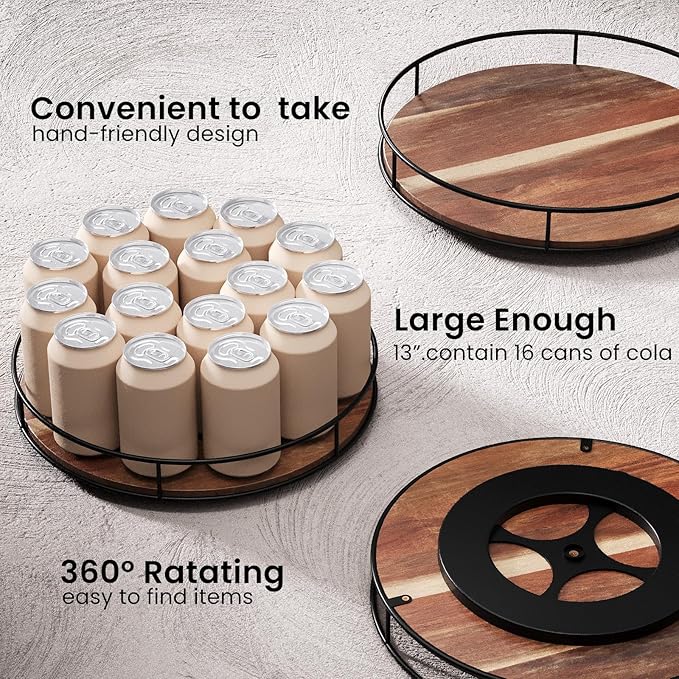 13 Inch Lazy Susan Organizer with Steel Frame for Kitchen,Acacia Wood Turntable for Cabinet,Pantry,Table,Pantry,Countertop,Refrigerator,Spice Rack