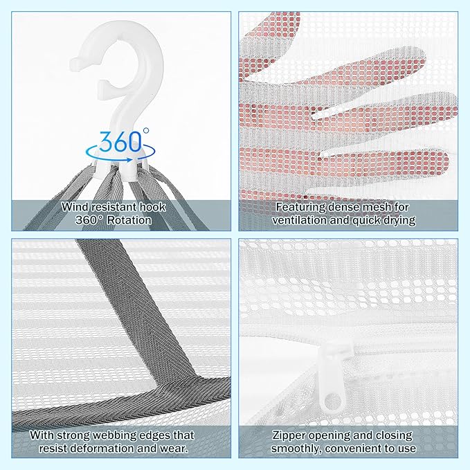 Toyvian Hanging Drying Rack with Zipper Mesh Net Windproof Clothes Organizer for Sweaters Underwear and Vegetables Ventilated Laundry Hanger for Indoor Outdoor Use