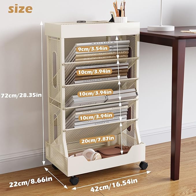 Book Cart with Wheels Mobile Bookshelf Rolling Bookshelf Organizer Bookcase Book Storage Rack, Book Movable Rolling Carts with Wheels for Office School, Beige
