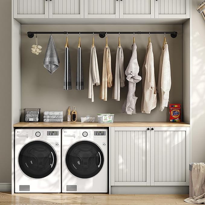 Industrial Pipe Clothes Rack with 3 Hooks, 72’'L Wall Mounted Garment Rack, Heavy Duty Iron Garment Bar, Clothes Hanging Rod Bar for Laundry Room, Max Load 135Lb Black (3 Base)