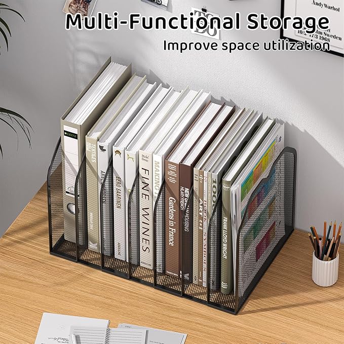Black 7-Section File Folder Organizer for Desk – Metal Vertical File Holder, Desktop File Organizer Vertical Stand, Letter/A4 Folder Rack, Upright File Sorter, Office Paper Organizer