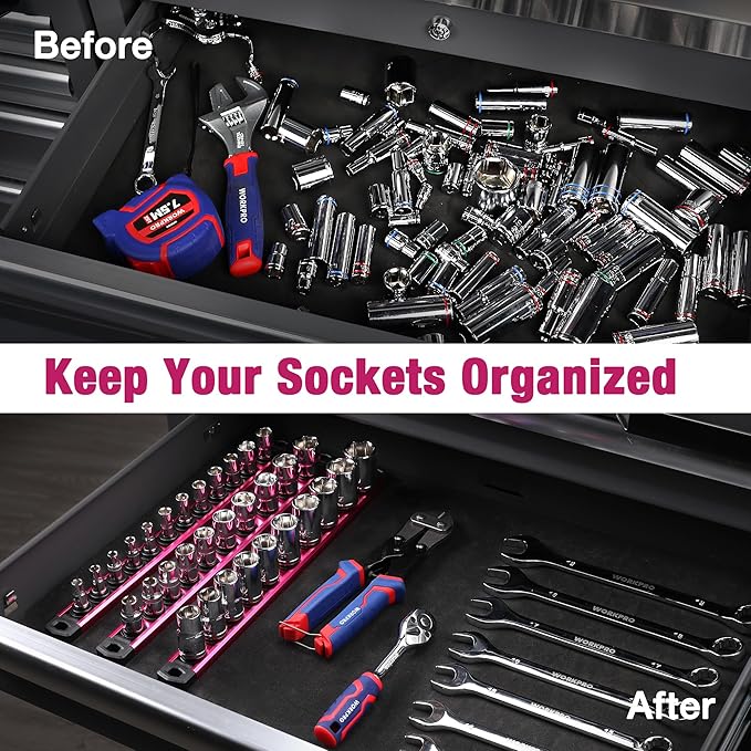 WORKPRO Magnetic Socket Organizer, 1/2-Inch Drive Aluminum Alloy Socket Rail, Heavy Duty Socket Holder, Socket Rack Kit 1/2-Inch x 10 Clips Rose Red(Socket not Included)