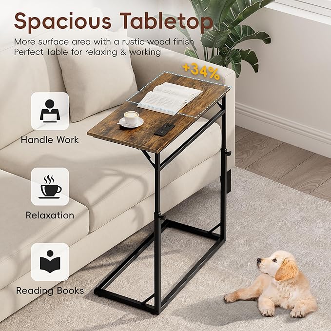 Vagusicc C Shaped End Table with Charging Station, Large C-Table End Table Adjustable Height Side Table for Couch, Couch Table Slide Under Sofa Table TV Tray Table for Sofa, Living Room, Bedroom,Brown