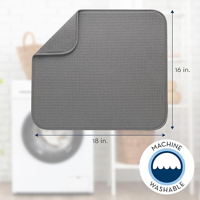 S&T INC. Dish Drying Mat 2 Pack, 16” x 18”, Absorbent Microfiber Kitchen Counter Mat, Dish Drying Pad for Dishes, Utensils, Pots and Pans, Large, Grey and Grey Trellis