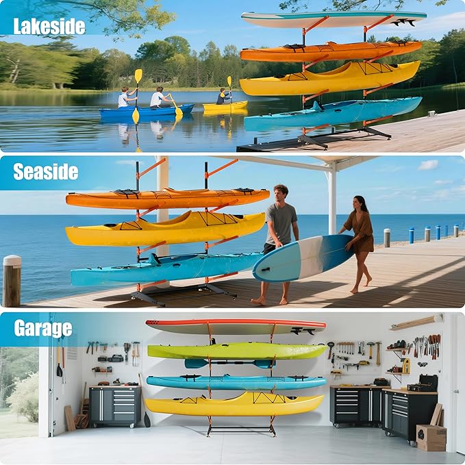 Kayak Storage Rack, Heavy-Duty Outdoor Canoe Rack, Reinforced, Thickened, and Enhanced Rust Resistance, Holds 440 lbs, for Safe Indoor and Outdoor Kayak Storage(4-Tier, Orange)