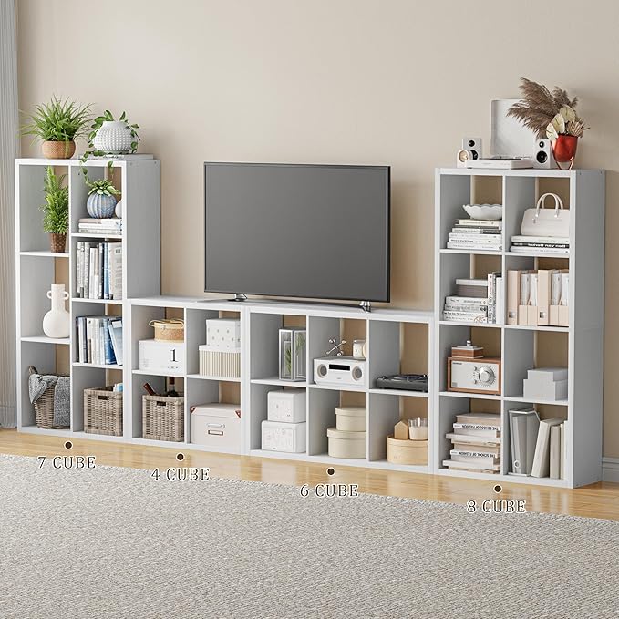 Cube Storage Organizer Bookcase, Decorative 11 inch Open Back Cubical Shelf with Thickened Border, Display Bookshelf for Living Room, Home Office, Sturdy Room (White, 7 Cube)