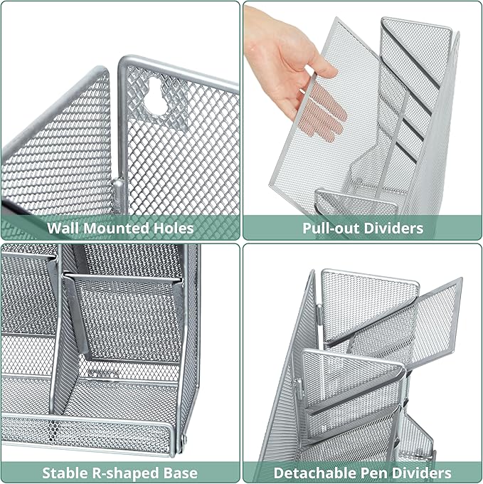 File Organizer Wall Mounted 4 Tiers Durable Adjustable Metal Vertical Hanging With 4 Pen Slots Stable R-shaped Bottom 4 Pull-out Devider to Sort File, Mail, Newspaper,Pen, Suitable for Office, Silver