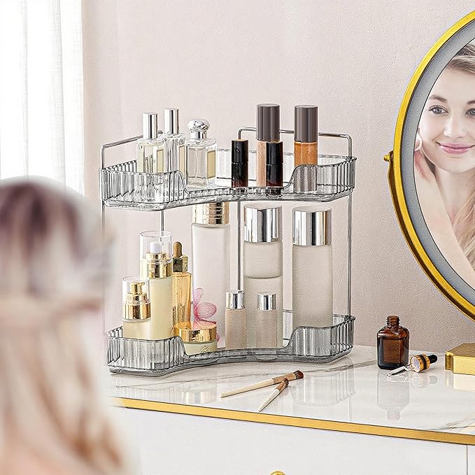 Corner Bathroom Countertop Organizer, 2 Tiers Vanity Trays for Counter, Makeup Organizers, Perfume Tray, Kitchen Spice Rack, Smoky Gray