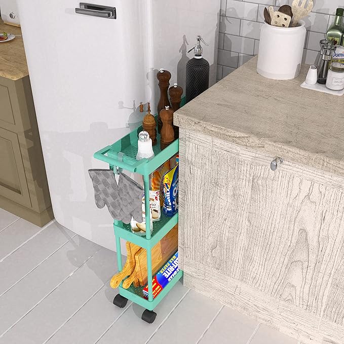 Simple Houseware 3-Tier Slim/Narrow Storage Cart with Handle, 5.5'' Wide x 26.5'' Height Rolling Organizer for Kitchen, Bathroom, Laundry Room - Turquoise