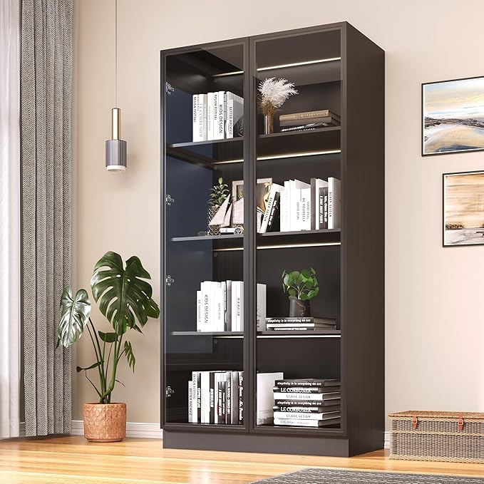 63'' Tall Glass Display Cabinet with LED Lights,Showcase with Glass Doors,4-Tier Curio Cabinet for Collectibles Bookcase,Storage Shelf, Bookcase(Black- 4 Layers, Large)