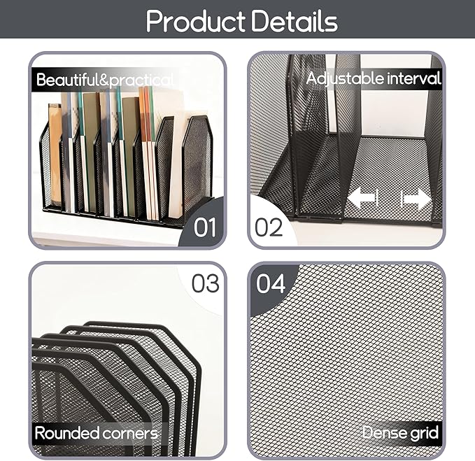 Adjustable Desk File Organizer,Detachable Office Folder Organizer,Compact Vertical Desk File Holder,Wrought Iron Paint,Suitable for Home, School, Office Classrooms (Black - 7 grids)