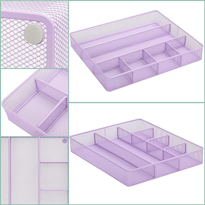 Annova Desk Top Organizer/Storage Tray - Metal Mesh with Dividers for Pens, Desktop Accessories, Bathroom, Kitchen, Makeup and Office Supplies (Large, Light Purple)