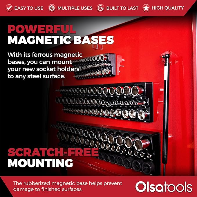 Olsa Tools Magnetic Socket Organizer | 3pc Socket Holder Kit | 1/2-Inch, 3/8-Inch, 1/4-Inch Drive | Socket Organizers For Toolboxes | Black | Holds 141 | Professional-Grade Tool Organizer | Part 1563