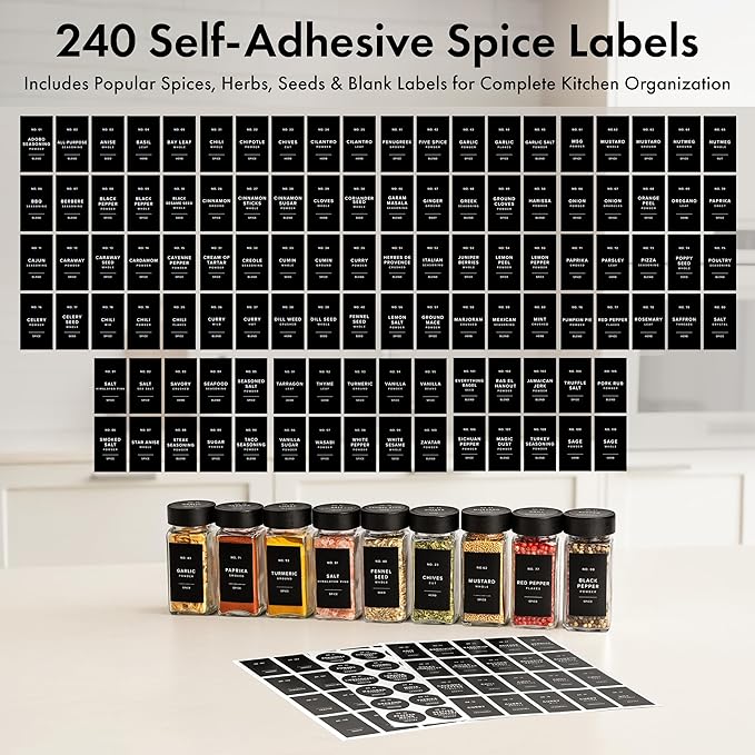 Square Spice Jars with Black Bamboo Wooden Lid (Pack of 24) Spice Jars with Shaker Insert and 240 Labels - Bamboo Lid Glass Container for Spice Organisation [4.3 in × 1.8 in]