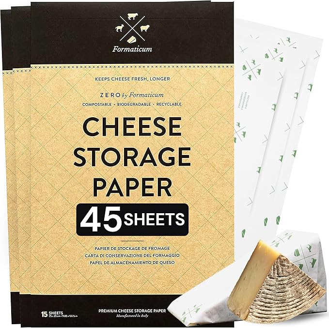 Formaticum 45-Pack Zero Cheese Storage Paper, Compostable, Biodegradable, and Plastic-Free Paper to Keep Cheese and Charcuterie Fresh, Kitchen Organization 9 x 13 Inches